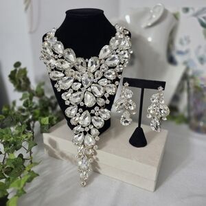 Large Bold Gold Crystal Teardrop Cluster Statement Bib Necklace and Earrings